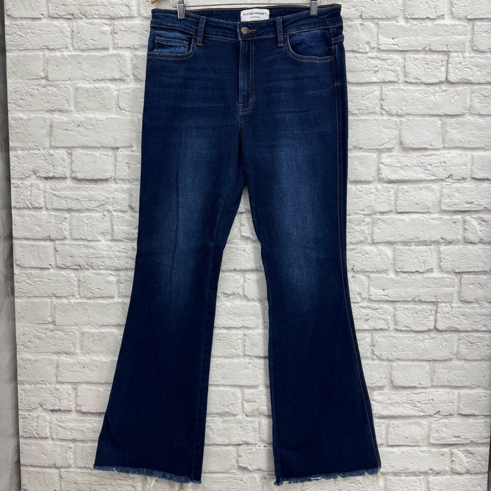 Flying Monkey Size 32 Mid-Rise Flare Jeans | Dark Wash Frayed Hem 33" inseam